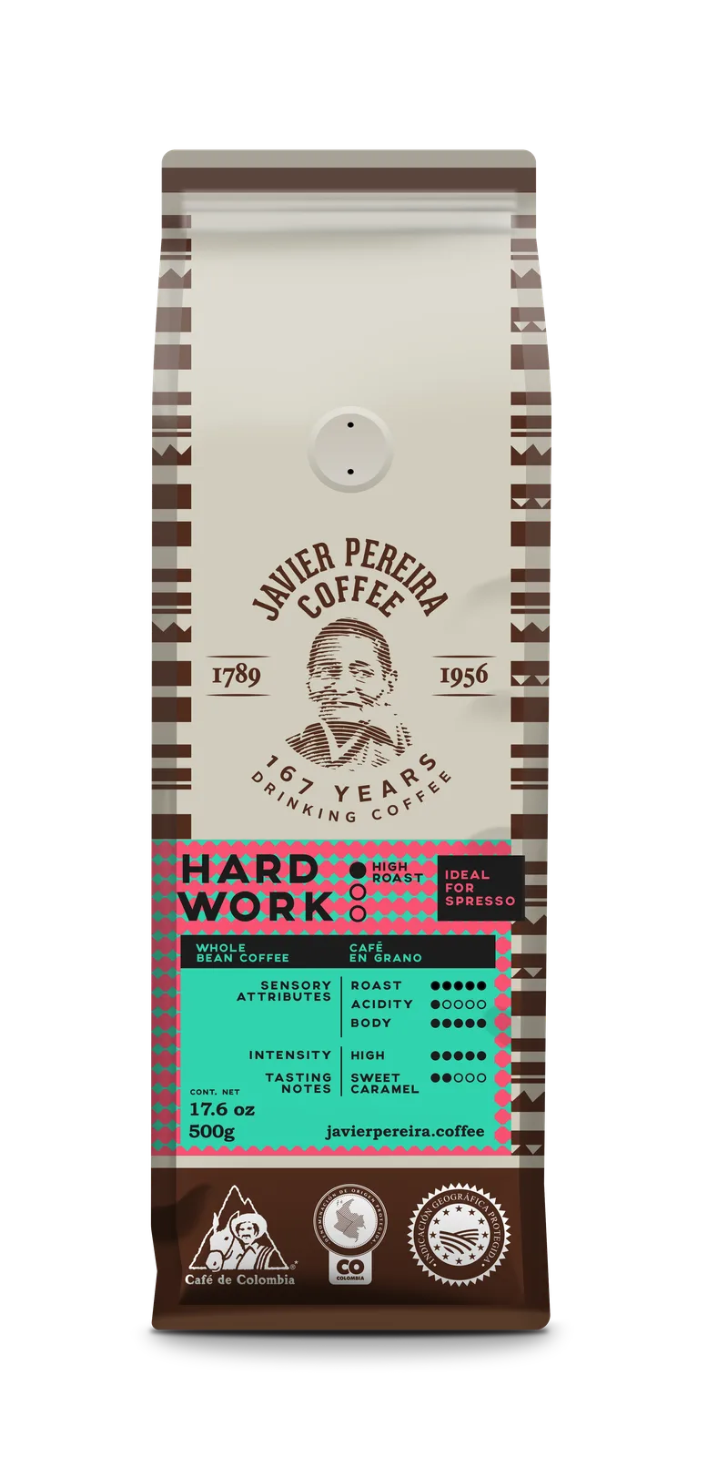 HARD WORK · Intense Colombian coffee
